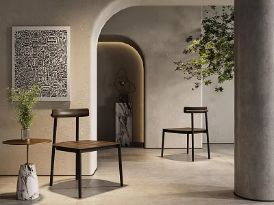 Modern Leisure Chairs In Minimalist Interior With Light-Colored Walls Wooden Green Plants And Decorative Art 3d model