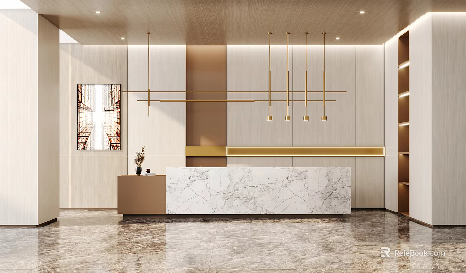 Modern Reception Desk With Marble Countertop Golden Pendant Lights And Wooden Walls 3d model 