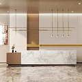 Modern Reception Desk With Marble Countertop Golden Pendant Lights And Wooden Walls