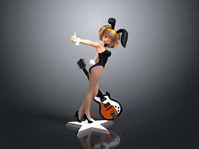 Cute Child Wearing Rabbit Ears Black Outfit Holding Guitar on Star Base 3d model