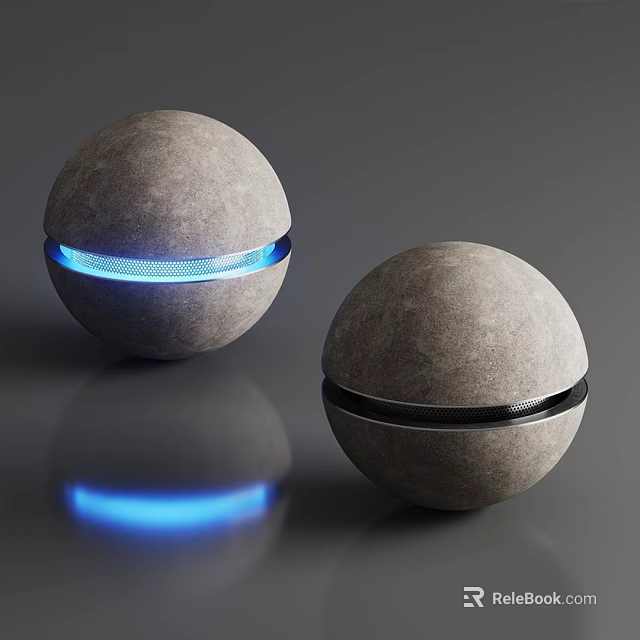 Spherical Table Lamps With Concrete Texture And Blue Glowing Light On Smooth Surface 3d model 