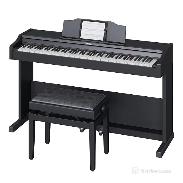 Black Digital Piano Setup With Matching Piano Bench And Music Stand 3d model 