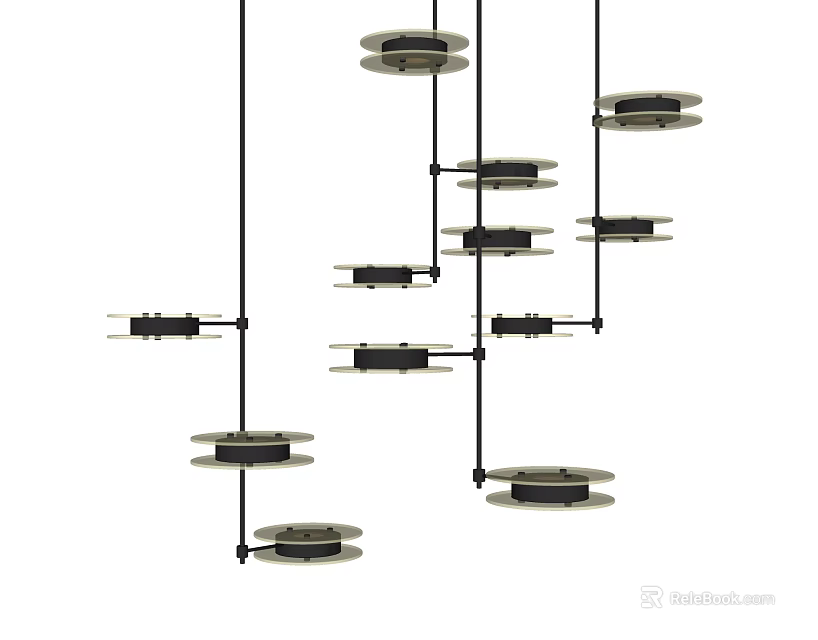 Modern Geometric Chandelier Design With Multiple Hanging Black Frames And Circular Light Panels 3d model