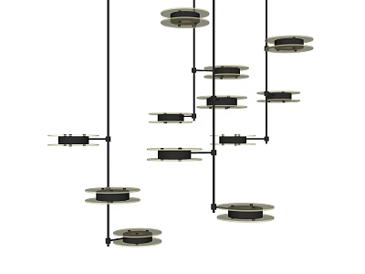 Modern Geometric Chandelier Design With Multiple Hanging Black Frames And Circular Light Panels 3d model