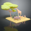 Low Poly Safari Animals Featuring Giraffe Elephant Rhinoceros Deer With Green Tree On Yellow Ground