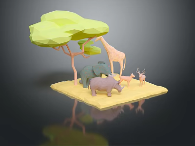 Low Poly Safari Animals Featuring Giraffe Elephant Rhinoceros Deer With Green Tree On Yellow Ground 3d model