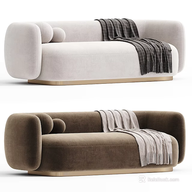 Modern Multi-seat Sofa With Light Beige And Dark Brown Velvet Upholstery And Throw Blanket 3d model 
