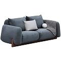 Modern Blue And Gray Two Seater Sofa With Velvet Cushions Round Pillow And Throw Blanket