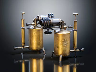 Vintage Brass Weapon With Cylindrical Tanks Metal Pipes And Valves Structure 3d model