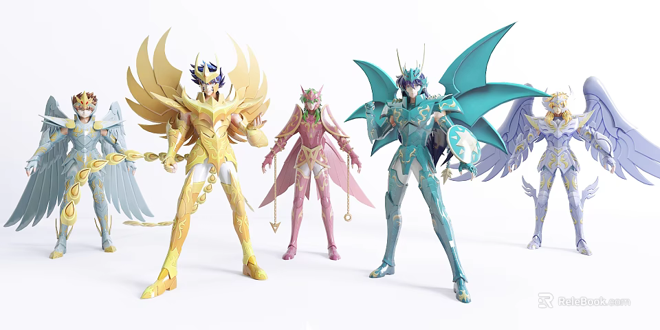 Game And Anime Characters In Golden Pink Blue Armor With Detailed Designs 3d model 