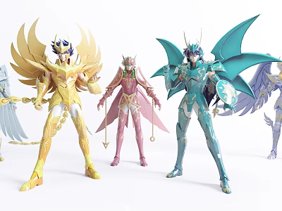Game And Anime Characters In Golden Pink Blue Armor With Detailed Designs 3d model