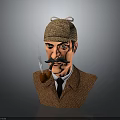 Vintage Man With Deerstalker Hat Mustache Smoking Pipe And Bust Sculpture