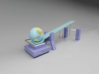 Globe Placed On Purple Balance Scale With Blue Beam And Stand 3d model