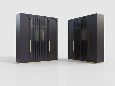 Modern Black Double Door Wardrobe With Gold Handles And Vertical Striped Design 3d model