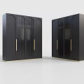 Modern Black Double Door Wardrobe With Gold Handles And Vertical Striped Design