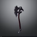 Fantasy Battle Axe With Red Handle And Decorative Metal Head Design