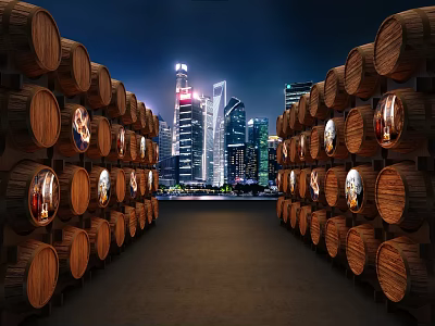 Wooden Barrels With Illuminated Windows Lining Pathway And City Night Skyline 3d model