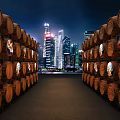 Wooden Barrels With Illuminated Windows Lining Pathway And City Night Skyline