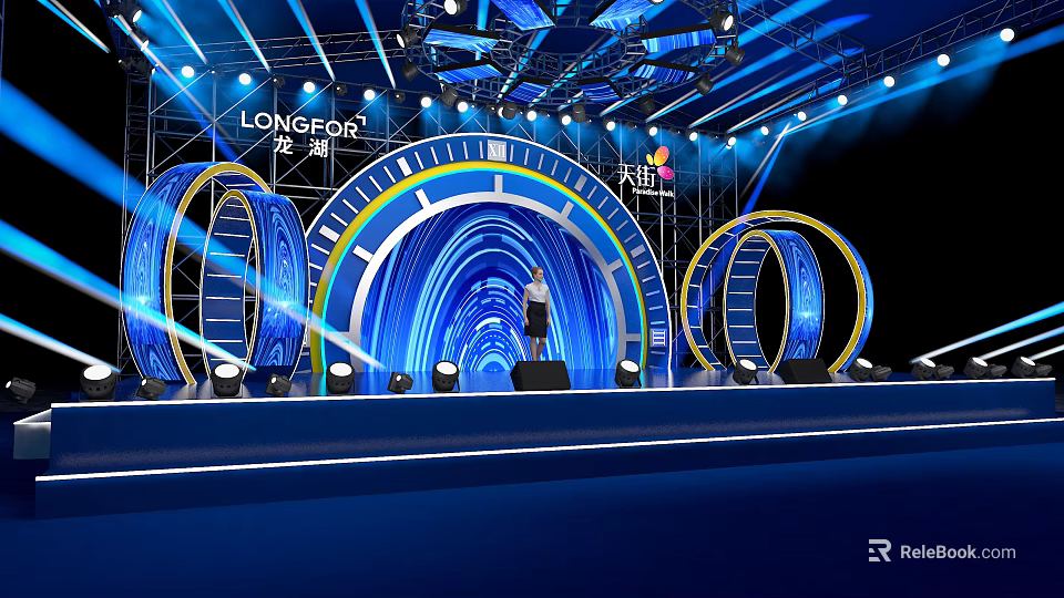 Grand Stage Design With Blue Lighting And Circular Structures 3d model 