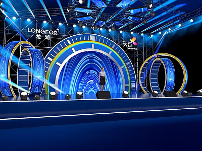 Grand Stage Design With Blue Lighting And Circular Structures 3d model