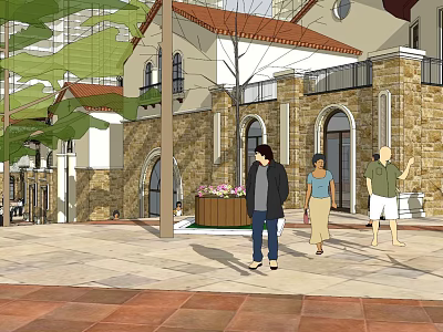 Charming European Style Commercial Street With People Walking Trees And Flower Planter 3d model