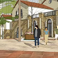 Charming European Style Commercial Street With People Walking Trees And Flower Planter