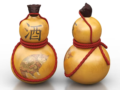 Traditional Ceramic Gourd Vessels With Red Rope Wrapping And Wine Character Design 3d model