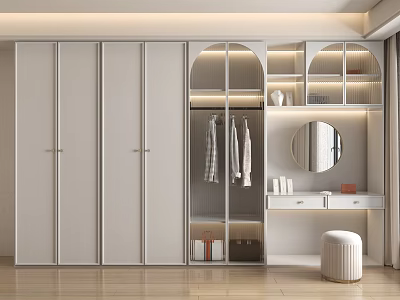 Modern Wardrobe Interior Design With Sliding Doors Open Storage Round Mirror Dressing Table And Small Stool 3d model