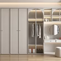 Modern Wardrobe Interior Design With Sliding Doors Open Storage Round Mirror Dressing Table And Small Stool