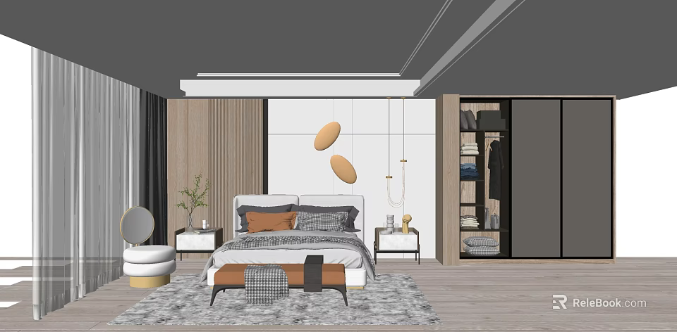 Modern Bedroom Interior With Background Double Bed Oval Wall Decor And Nightstands 3d model