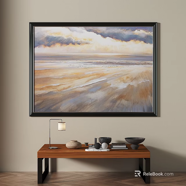 Abstract Painting of Seaside Scene with Sky Clouds and Beach in Black Frame on Wall 3d model 