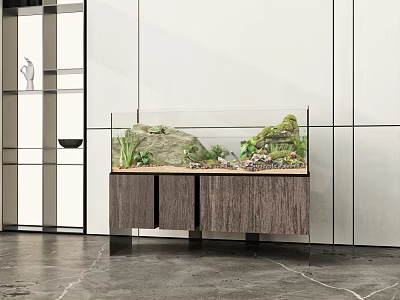 Modern Indoor Aquarium Setup With Plants Rocks On Wooden Cabinet 3d model