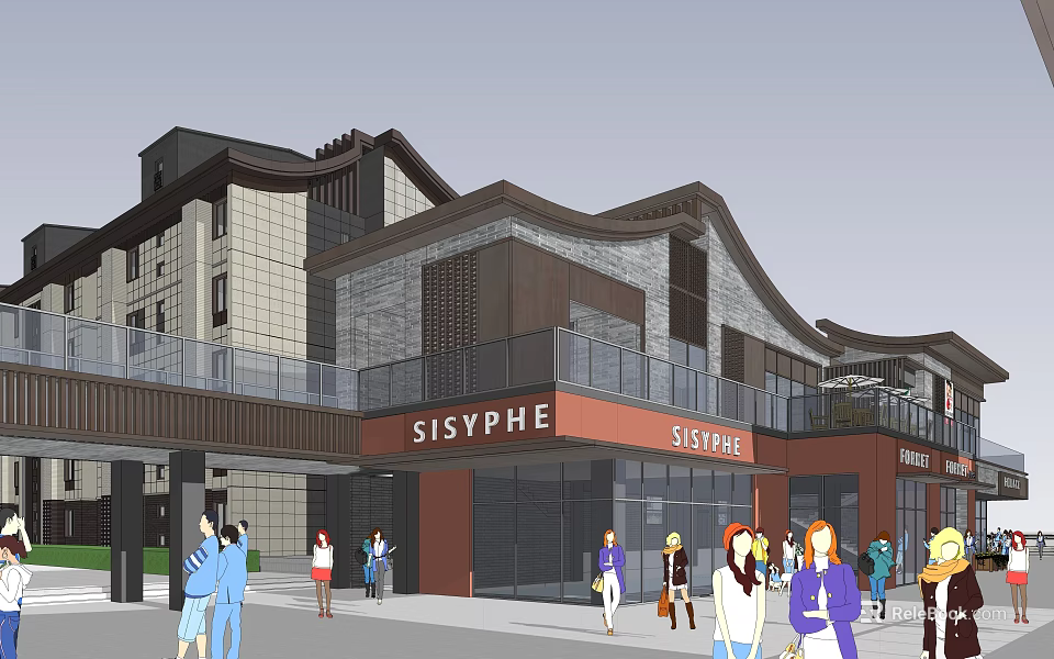 Vibrant Commercial Street With Modern Traditional Buildings SISYPHE Shops And Pedestrians 3d model 