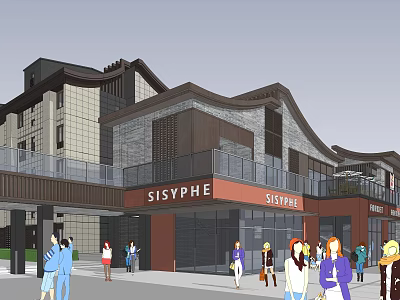 Vibrant Commercial Street With Modern Traditional Buildings SISYPHE Shops And Pedestrians 3d model