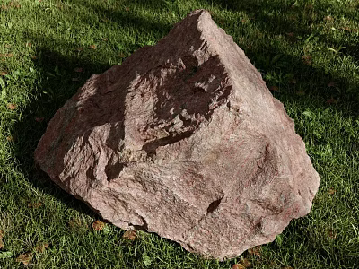 Large Natural Red Rock Resting On Lush Green Grass Outdoor Area 3d model