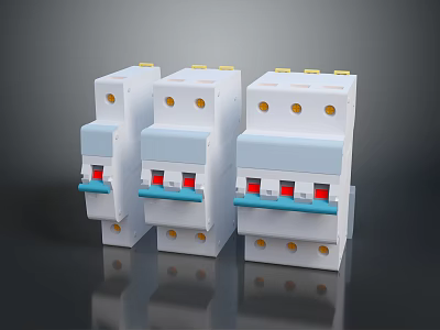 Three White Circuit Breakers In A Row With Blue Switches And Red Indicators 3d model