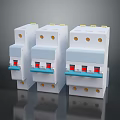 Three White Circuit Breakers In A Row With Blue Switches And Red Indicators 3d model