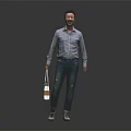 Man Wearing Striped Shirt And Jeans Holding Shopping Bag Smiling Against Gray Background Standing Naturally