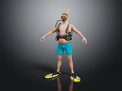 Game Movie Character Wearing Blue Shorts Scuba Mask Snorkel Life Vest And Flippers 3d model
