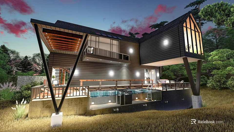 Modern Detached Villa With Large Glass Windows And Lush Green Garden Surroundings 3d model 