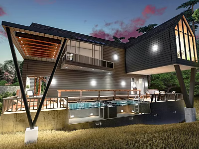 Modern Detached Villa With Large Glass Windows And Lush Green Garden Surroundings 3d model