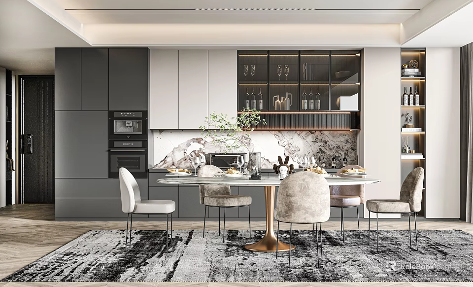 Modern Restaurant Interior Design With Gray White Cabinets Marble Countertop And Round Dining Table 3d model 