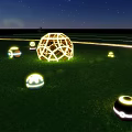Outdoor Lights Illuminated Starry Night Grassland With Large Spherical Geometric Structure And Small Spherical Lamps