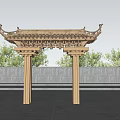 Traditional Chinese Archway With Curved Eaves And Wooden Pillars In Natural Landscape