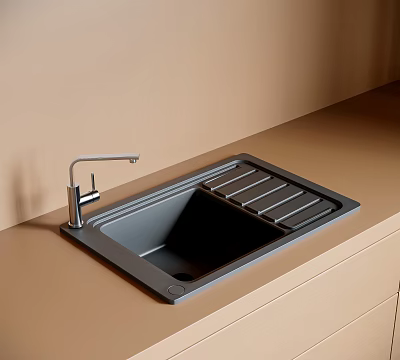 Modern Gray Kitchen Sink With Chrome Faucet On Beige Countertop Single Bowl Design 3d model