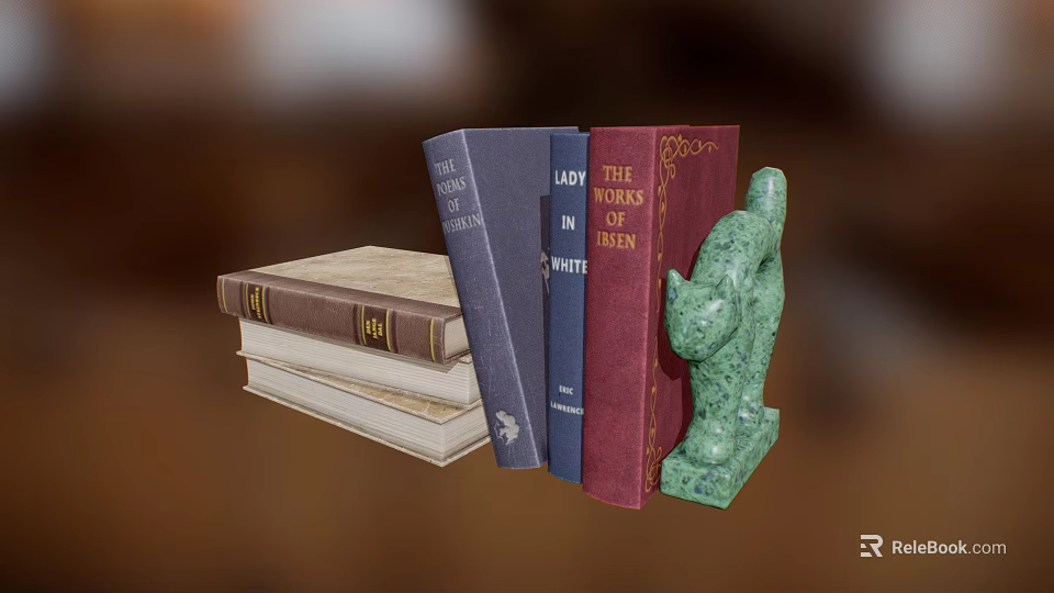 Colorful Stacked Books With Green Cat Shaped Bookend And Various Covers 3d model 