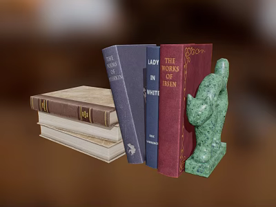 Colorful Stacked Books With Green Cat Shaped Bookend And Various Covers 3d model