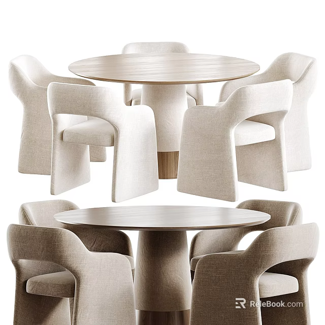 Modern Round Dining Table Set With Beige Fabric Chairs And Stylish Design 3d model 