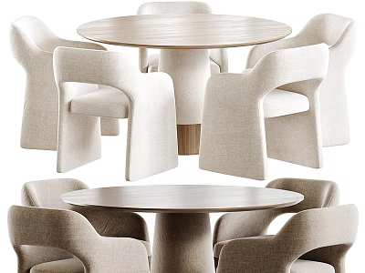 Modern Round Dining Table Set With Beige Fabric Chairs And Stylish Design 3d model