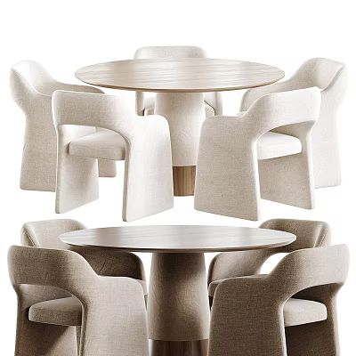Modern Round Dining Table Set With Beige Fabric Chairs And Stylish Design 3d model